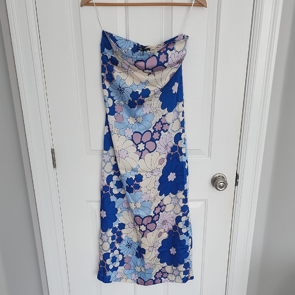 Zara Blue and Cream Floral Slip Dress with Lilac Accents